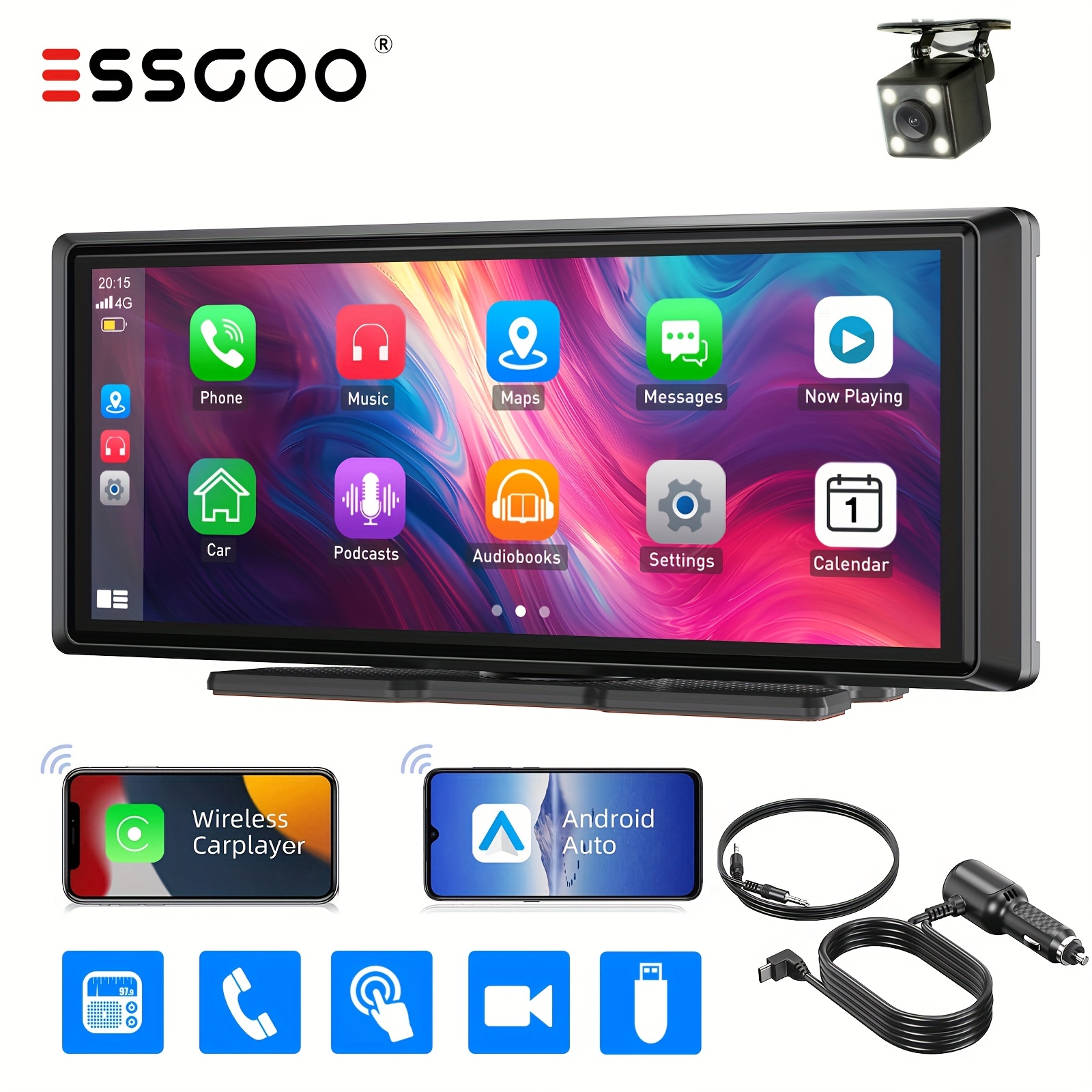   has   an   8 inch portable   compatible car stereo featuring an ips   with a resolution of 1600  it     link aux fm transmitter speaker and voice control