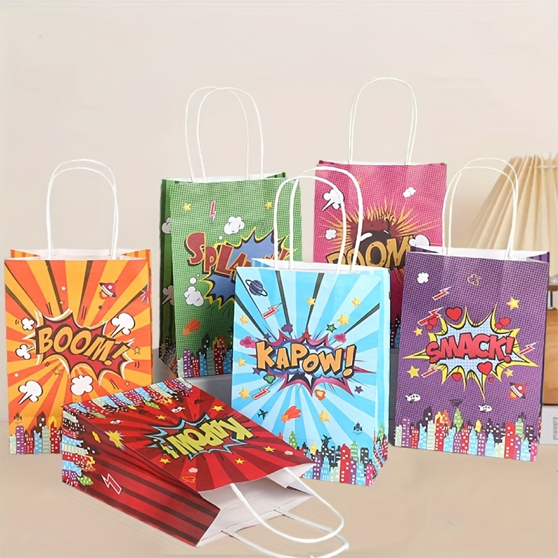 

12pcs Superhero Comic Themed Paper Gift Bags With Handles - Premium Kraft Bags For Birthday, Wedding, And Universal Celebrations - Versatile Party Favor Bags For All Occasions