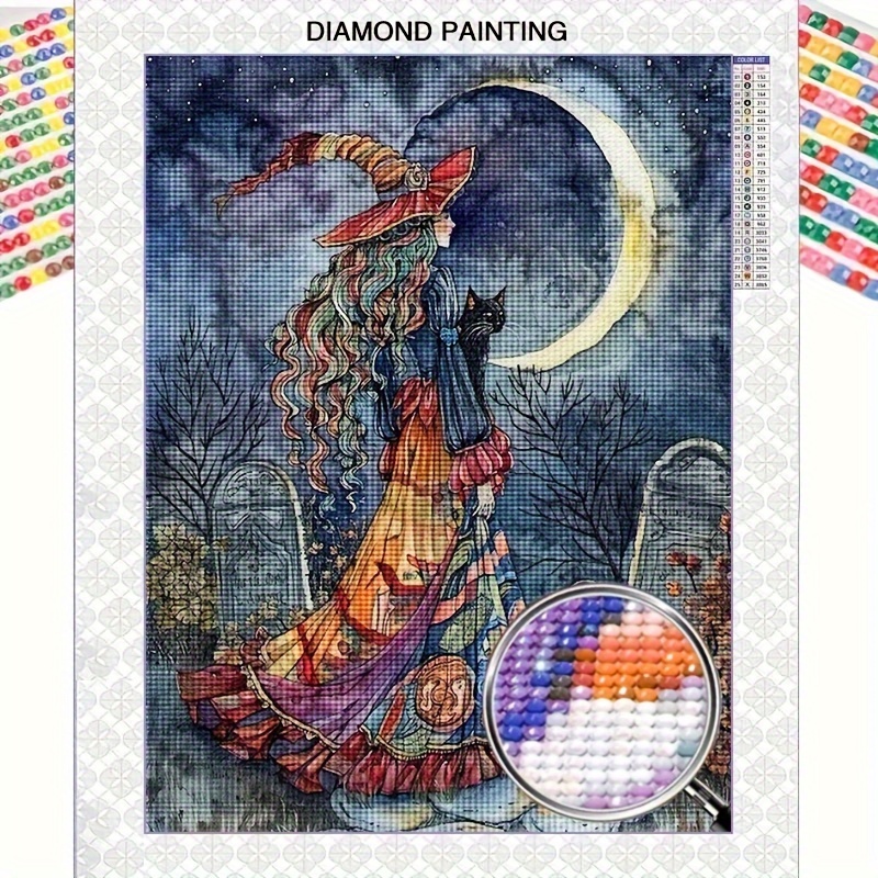 

Halloween Witch And Cat Diamond Painting Kit, Contemporary Style Vertical Oblong Poster Frame For Wall Art, 5d Full Drill Craft Mosaic Home Office Decor, Ideal For Beginners - 1 Piece