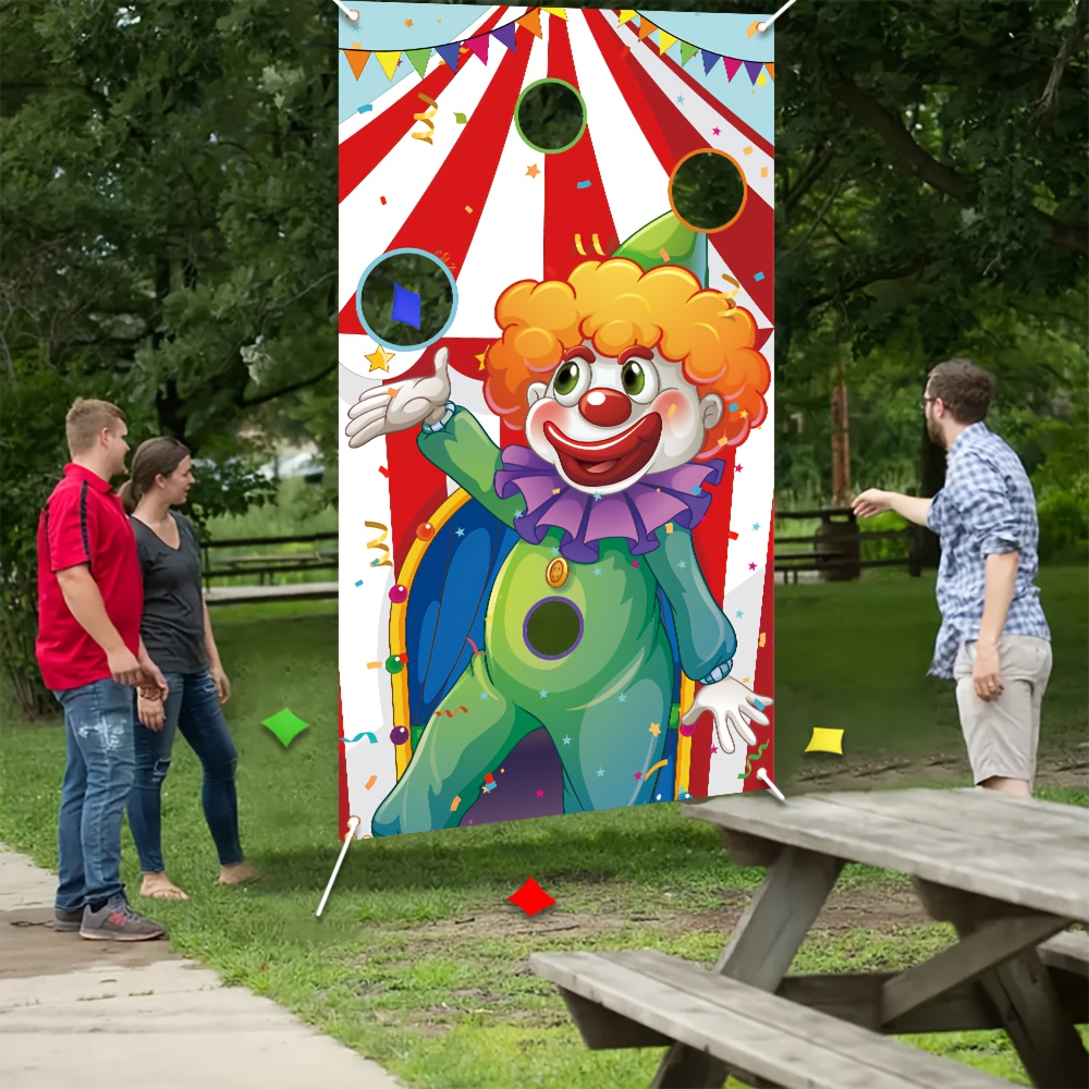 

Satin Circus Clown Toss Game Banner With 3 Sandbags, Garden-ready, Durable No-power Outdoor Party Activity Flag, 135x76cm - Fun Carnival Throwing Challenge