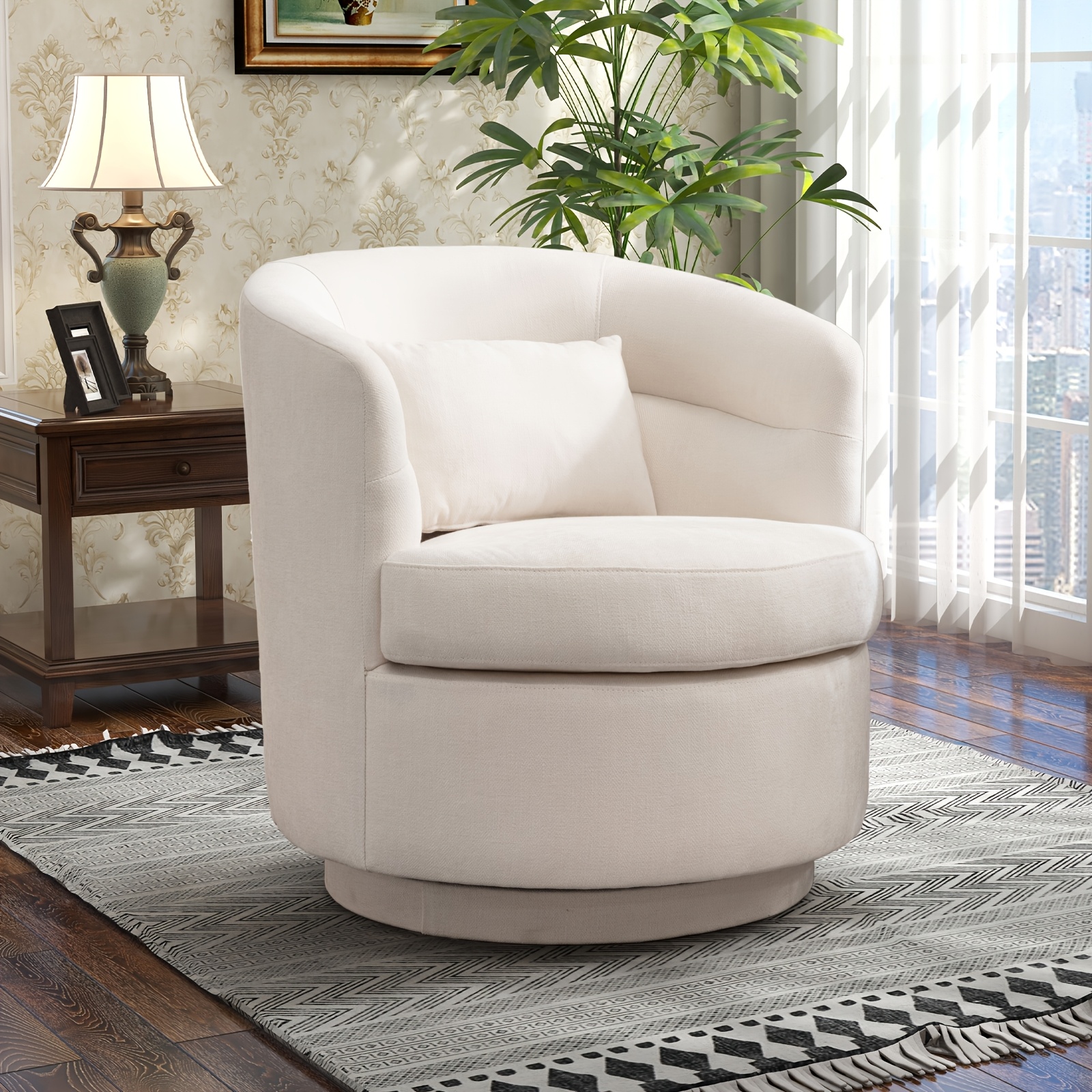Beige Upholstered Swivel Chair with a Pillow, Perfect for Accenting Your Living Room, Bedroom, Or Reading Area