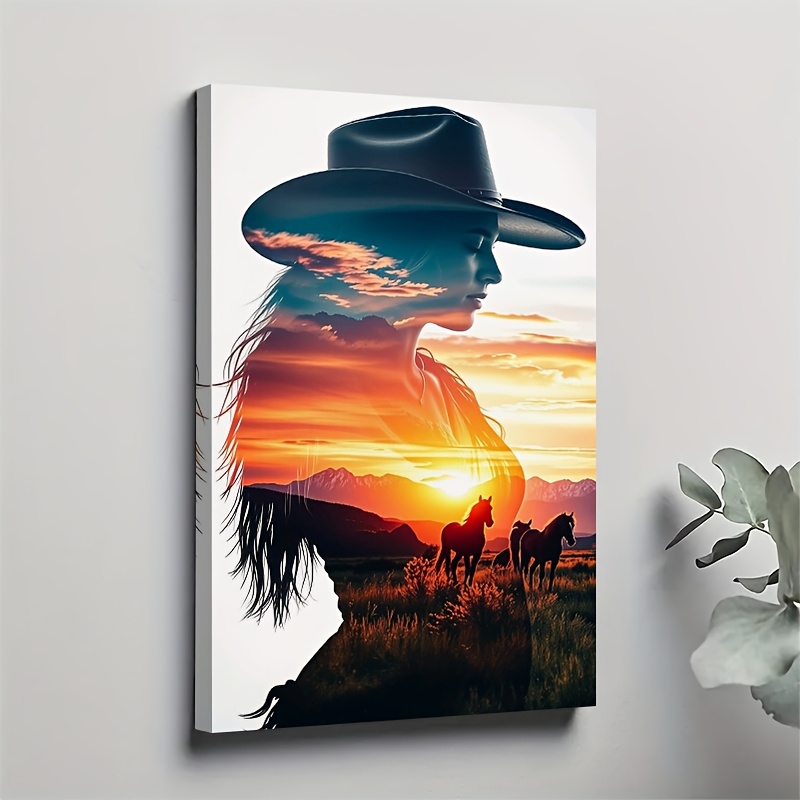 TEMU 2d 1pc Cowgirl At Sunset Canvas Wall Art - Western Landscape Painting With Horses, Solid Wood Frame, Traditional & , Vibrant Colors, Ready To
