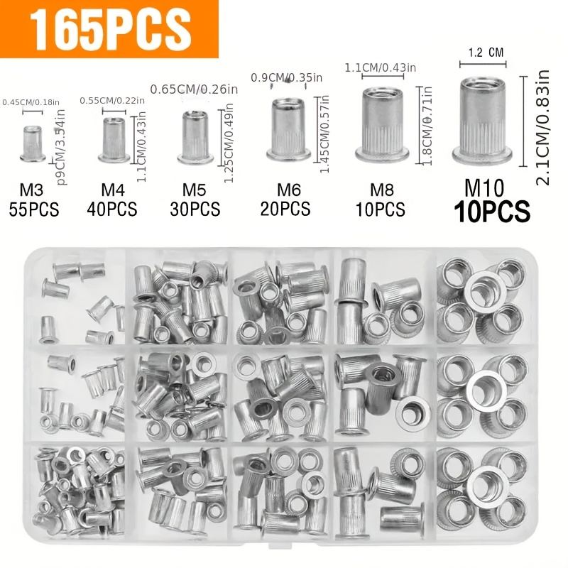 165pcs Of Rivet Insertion Kit, Polished Aluminum File Nut Accessories, Used For Car Repair, Furniture Refurbishment, Home Decoration, Electrical And Industrial Flat Threaded Inserts, Size M3-m10