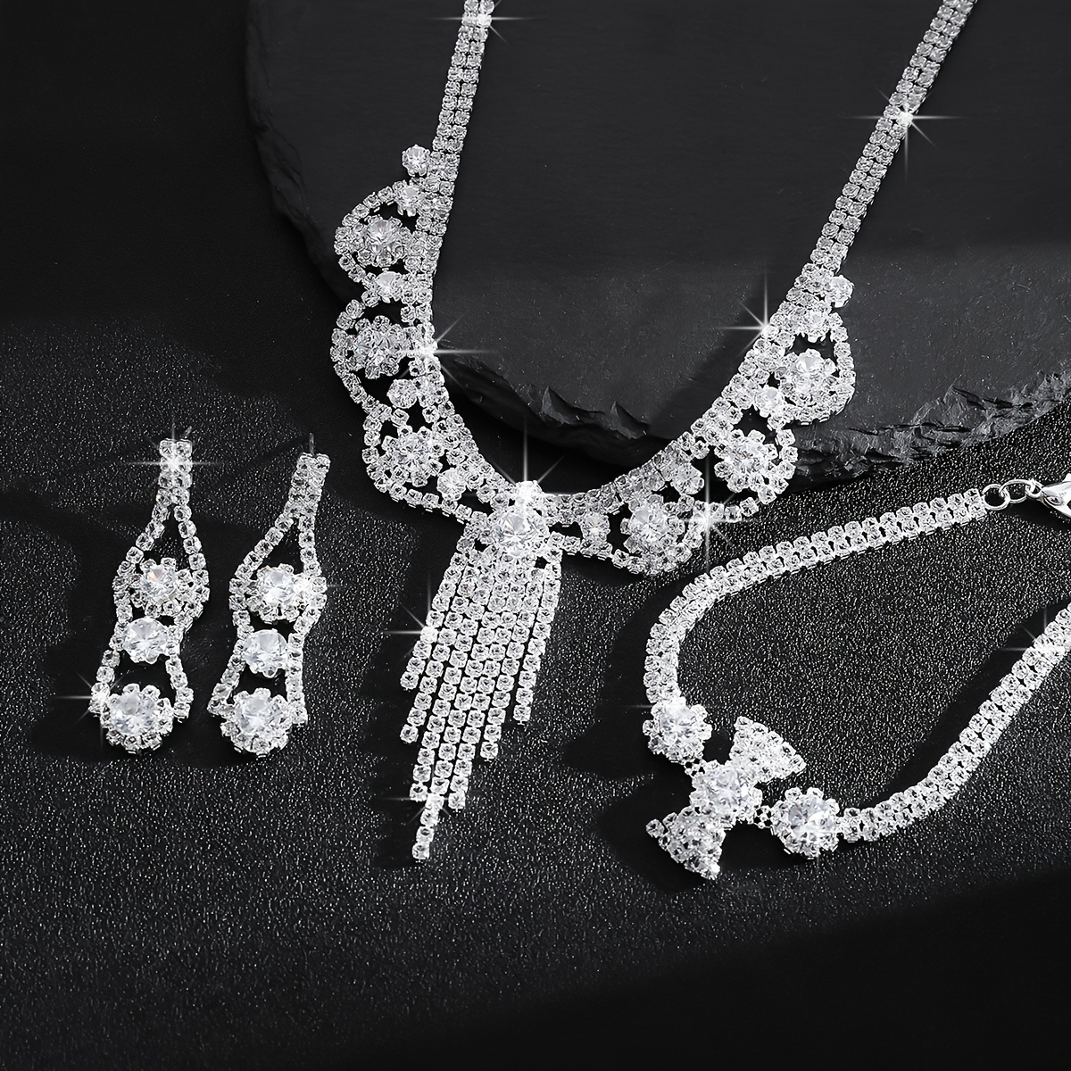 Bride Wedding Flower Tassel Necklace Bracelet Earrings Set