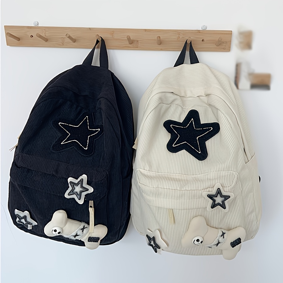 

Literary Corduroy Backpack, Y2k Star And Bone Decor Daypack, Cute Preppy Style College Schoolbag
