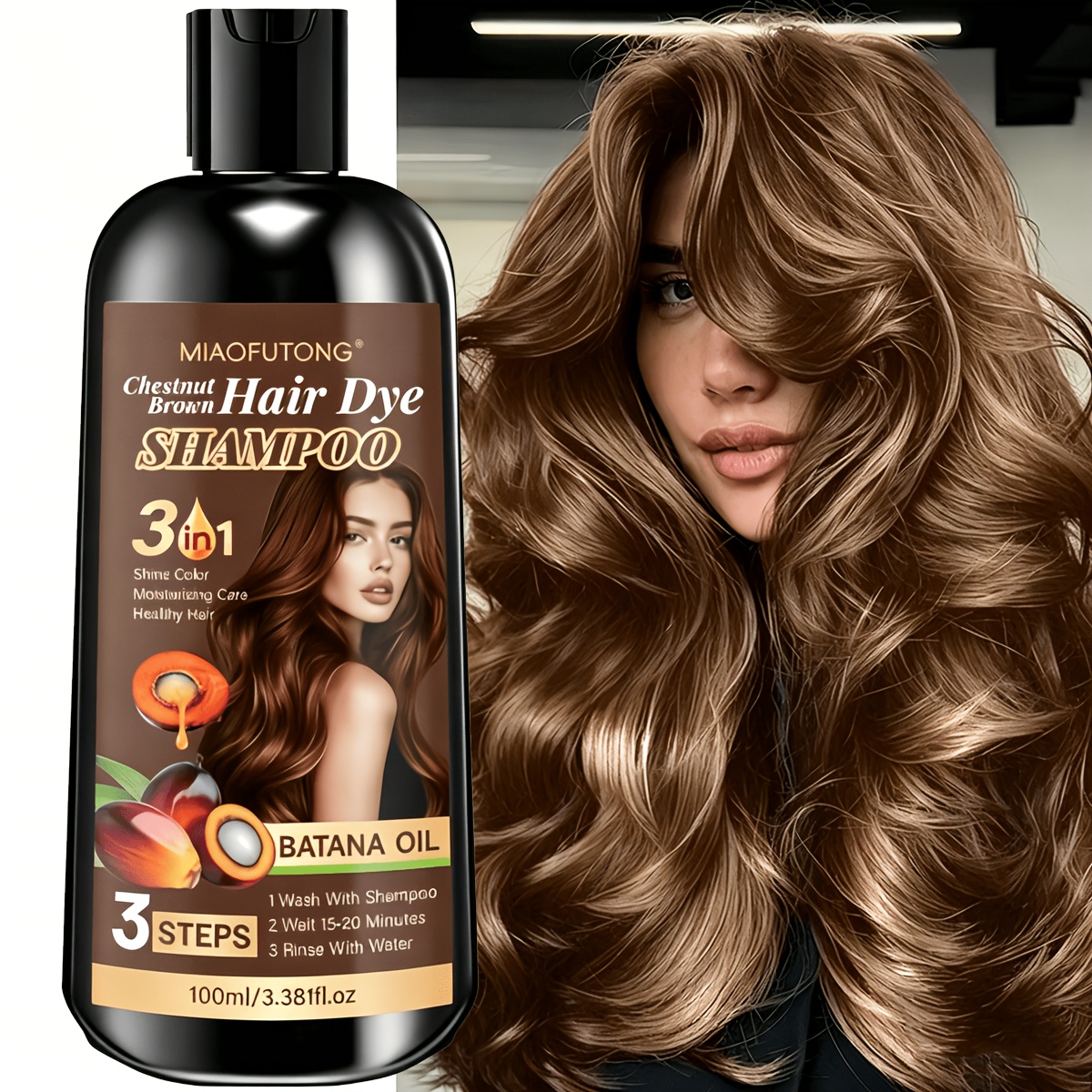 TEMU 3-in-1 Hair Dye - 100ml Herbal Hair Dye Shampoo With Bataana Oil, Argan Oil, Turmeric Root Oil, Polygonum Multiflorum Root, Ginseng Root, And