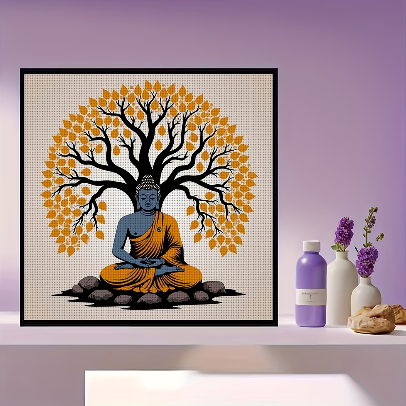 Printed DIY Cross-Stitch Kit, Frameless, Buddha Statue Under Bodhi Tree
