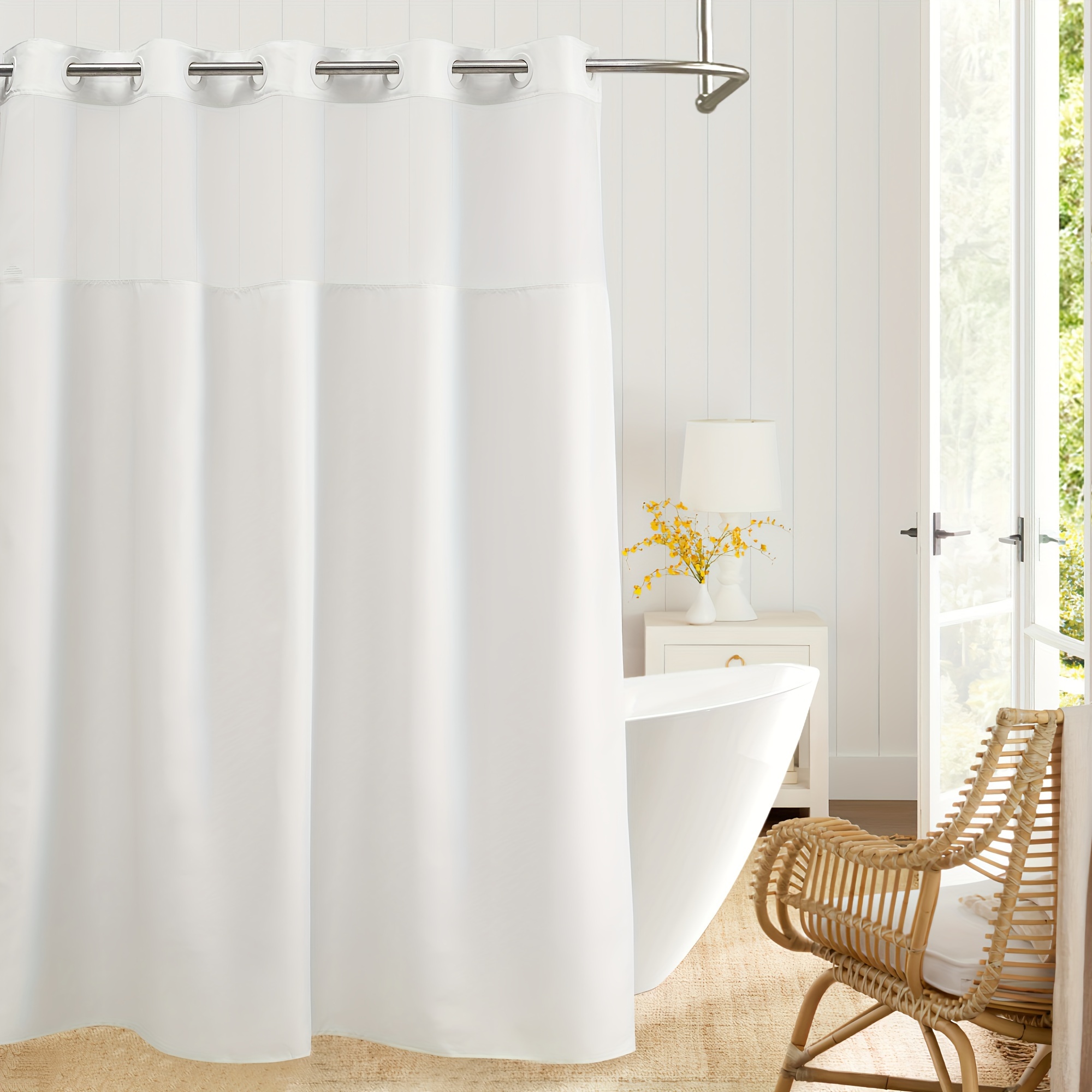 

No Hooks Needed White Shower Curtain, With Window, Water Repellent, Machine Washable, 71"wx74"h