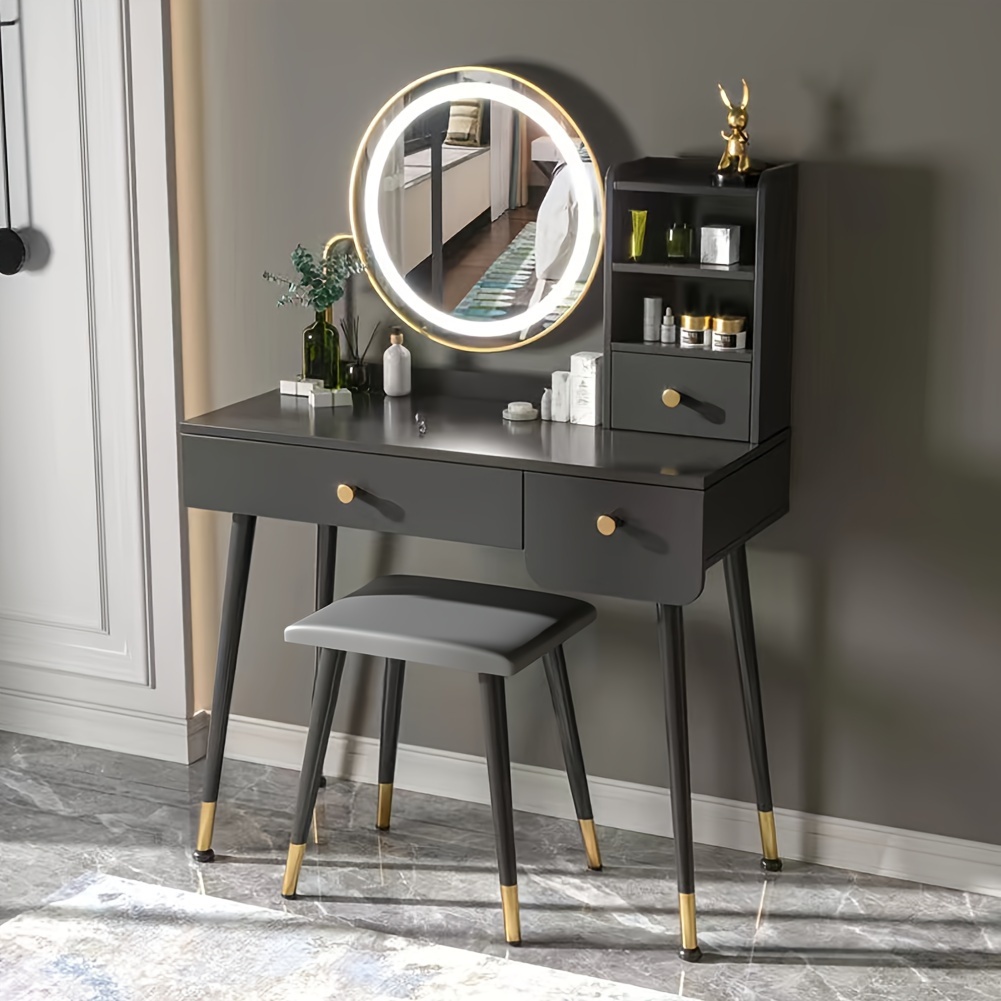 

Makeup Vanity Desk With Mirror And Lights, Vanity Table Set With Storage Drawer & Chair & 3 Shelves, Bedroom