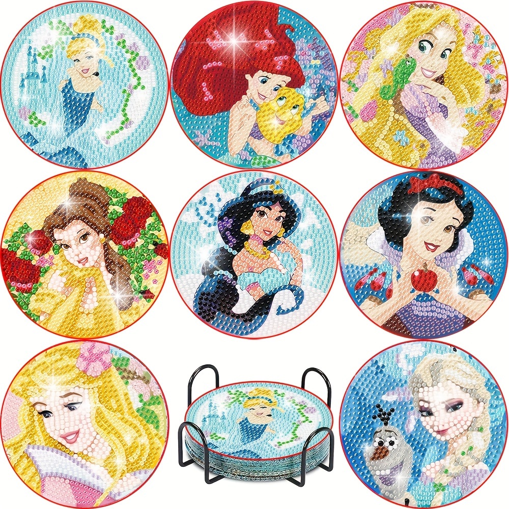 

8pcs Diy Cartoon Princess Diamond Art Coaster Kit, Featuring Classic Anime Characters, Uniquely Shaped Art Mosaic Drink Coasters, Table Mats, Non-slip Coasters, Party Decorations, Handmade Gifts.