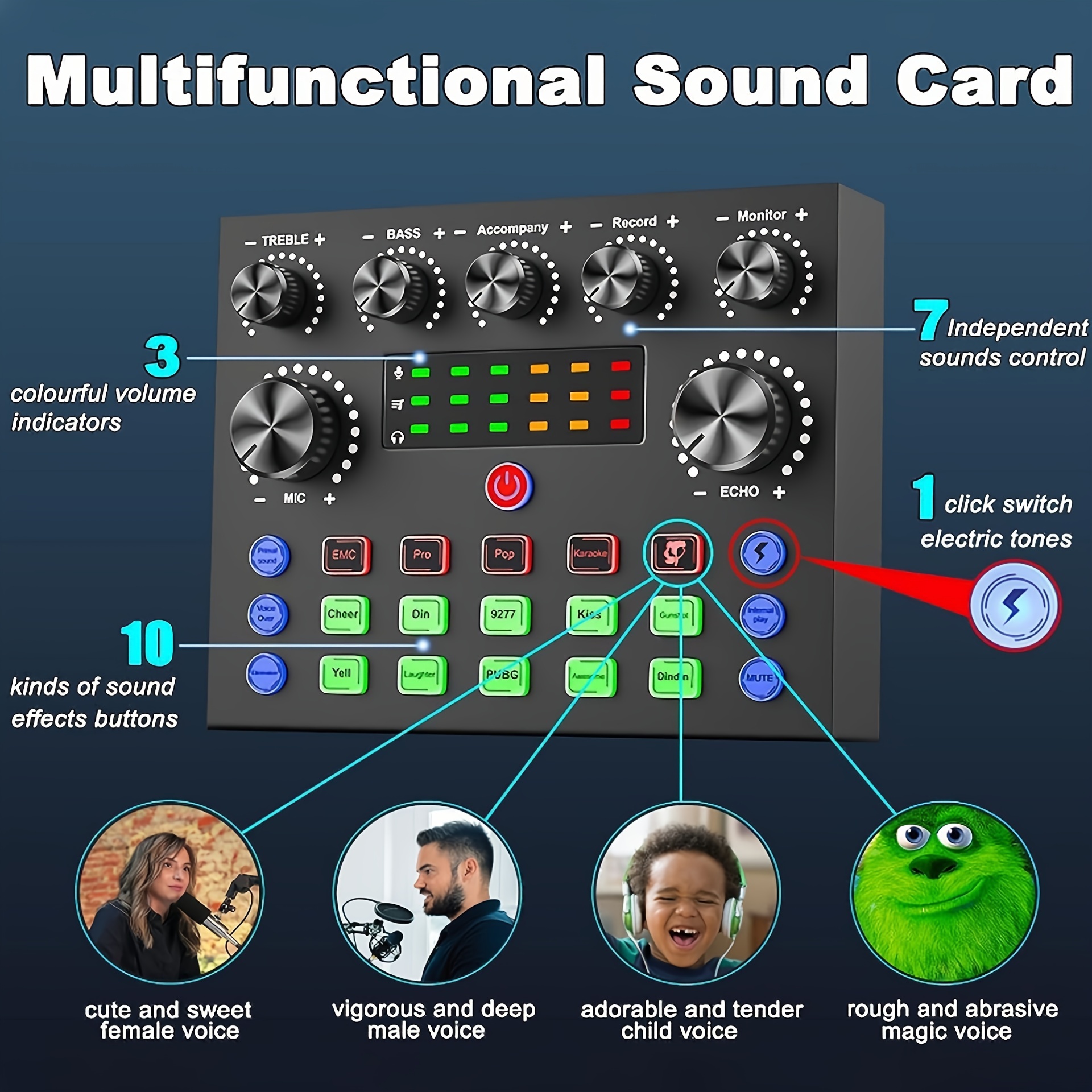 V8S Pro Audio Interface mit Sprachverzerrungseffekten - USB-betrieben, 500mAh wiederaufladbar, ABS Schwarze Soundkarte, geeignet für PC-Aufnahmen, Gesang, Streaming und Gaming, inklusive Mikrofon- und Kopfhörerbuchsen