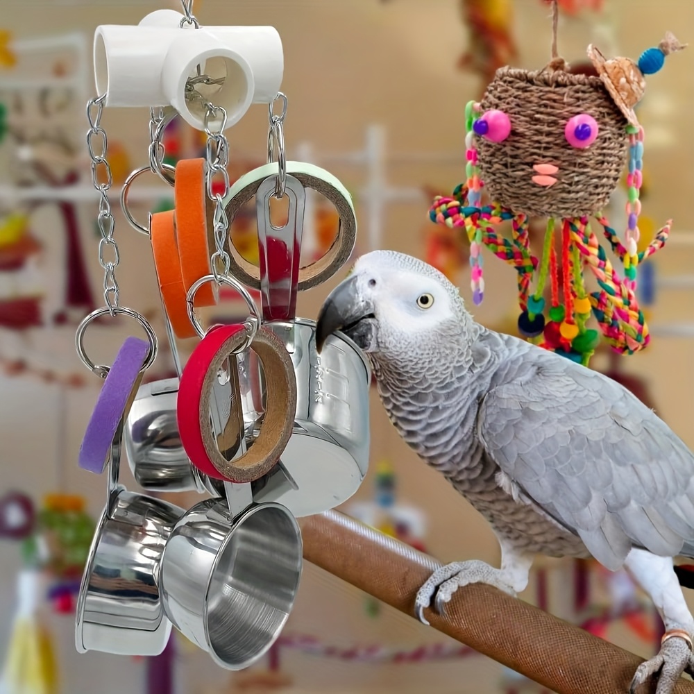 

Interactive Parrot Chew Toys - Stainless Steel Hanging Set With Puzzle Cups & Rotating Rings, Mental Stimulation Toys For Large Parrots Like / Parrots, Unbreakable Parrot Playthings