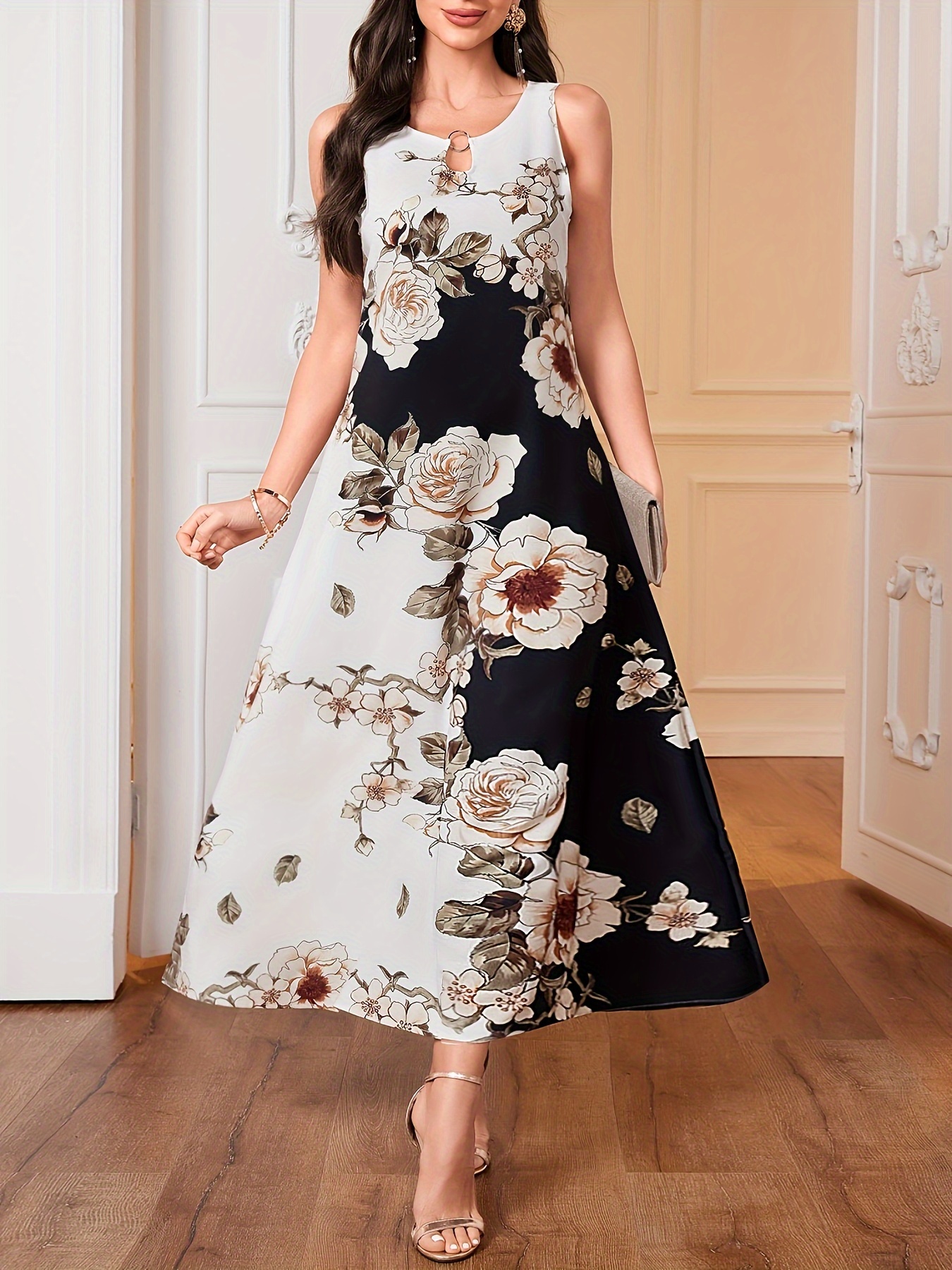 floral print pocket dress casual pocket waist summer swing long dresses womens clothing