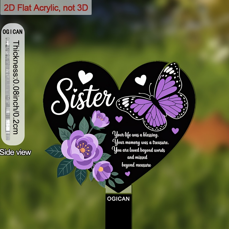 TEMU 2d Flat, [2d Flat] Sister Memorial 2d Flat Acrylic Heart Garden Stake - Purple & , Decor For Garden, Yard, Graveside, 6 Inch/15.2cm,