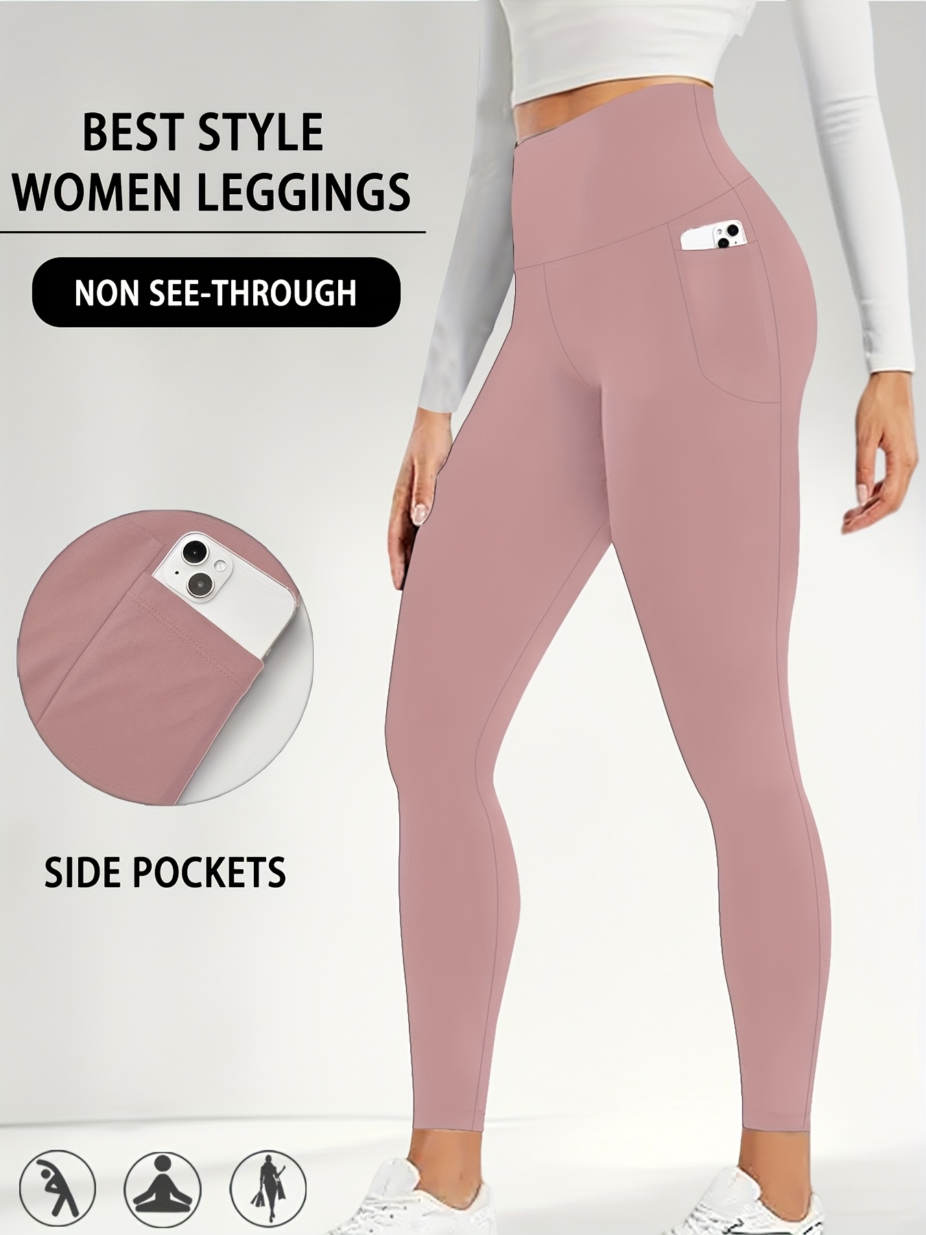 women high waisted tummy control leggings with pockets super soft full length yoga pants workout running gym pants suitable for yoga running gym solid   tummy control full coverage