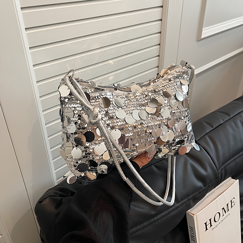 1pc Women's Evening Clutch Tote Bag, Korean Style New Sequin Fashion Handbag, Large Capacity - Suitable For Daily Commuting, The For Holiday Gifting - Colors, Black/silvery. [zipper Is Random]