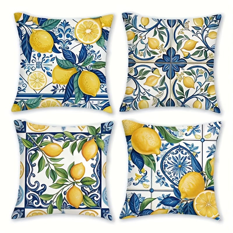 TEMU 4pcs Pillowcase Set, Mediterranean Style With Lemon Elements. Suitable For Living Room, Bedroom, And Home Decor. Single-sided Print, Pillow
