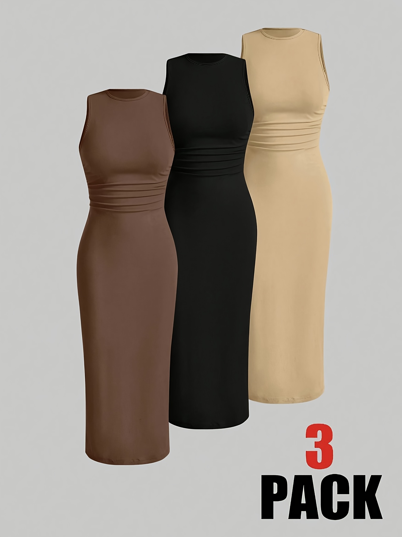 3pcs Dress Set, Solid Color Pleated Long Skirt for Summer, Elegant Workwear