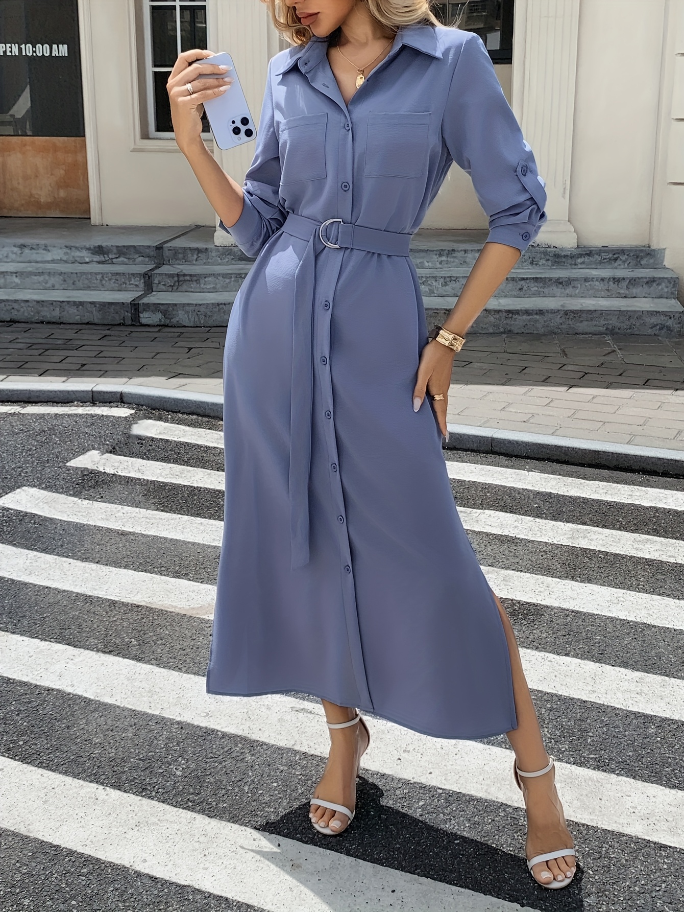 womens elegant office party dresses belt long sleeve button Temu