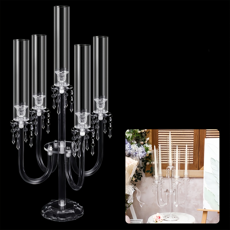 TEMU 1pc 5-arm Candelabra Holder Table Centerpiece 27-inch Crystal Taper Candlestick With Crystal Beaded Chandelier Stand For Wedding Party Fireplace