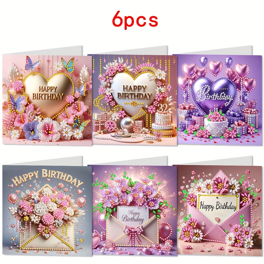 TEMU 6pcs, Diy Greeting Cards, Birthday Theme, Envelope , Creative Diy Greeting Cards, Adult Set, Birthday Wishes, Beginner Rhinestones, Greeting