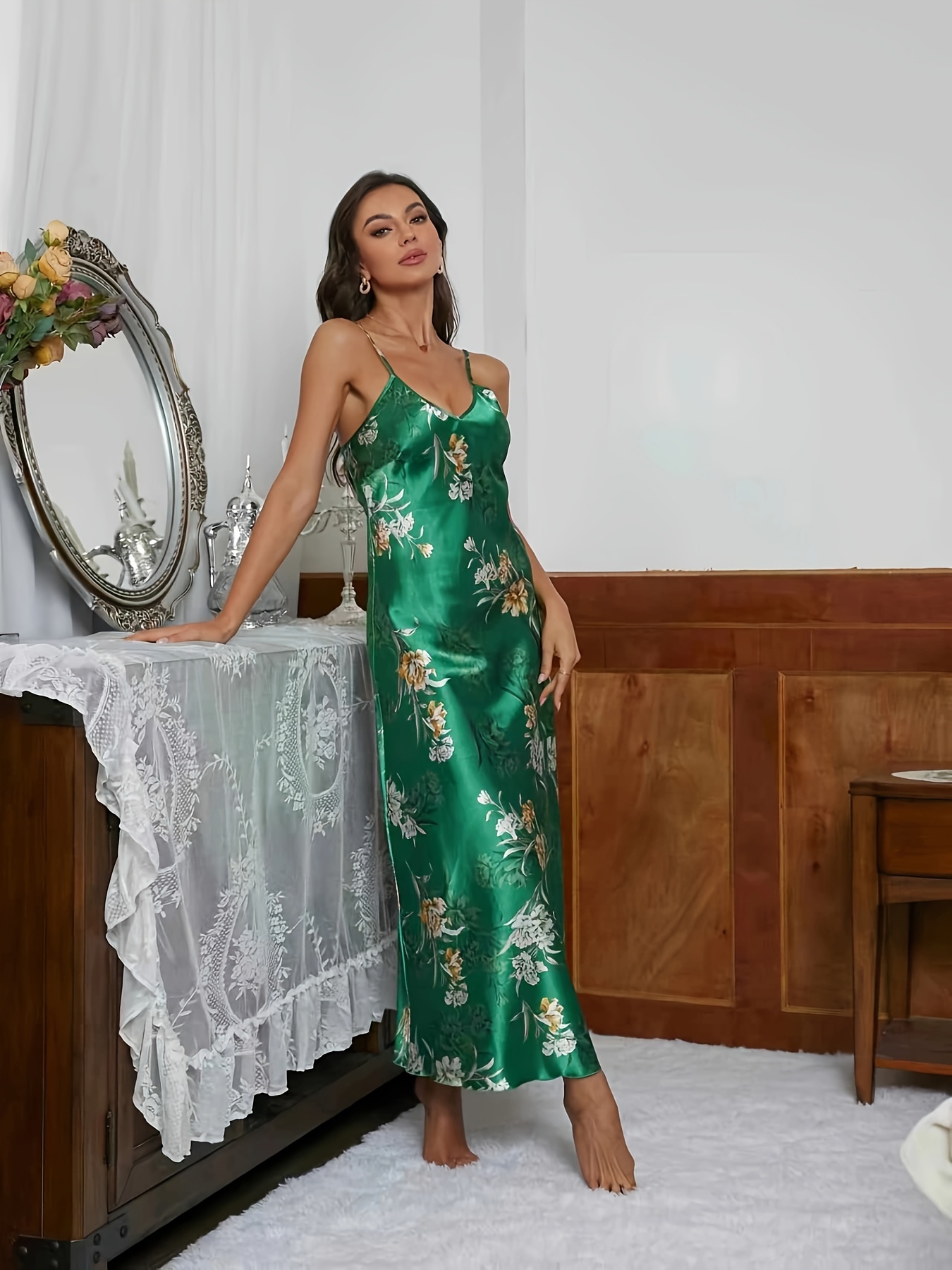 green slip under dress Deep Green Satin Mini Nightgown – Elegant Lingerie XS / Dark Green main image 1