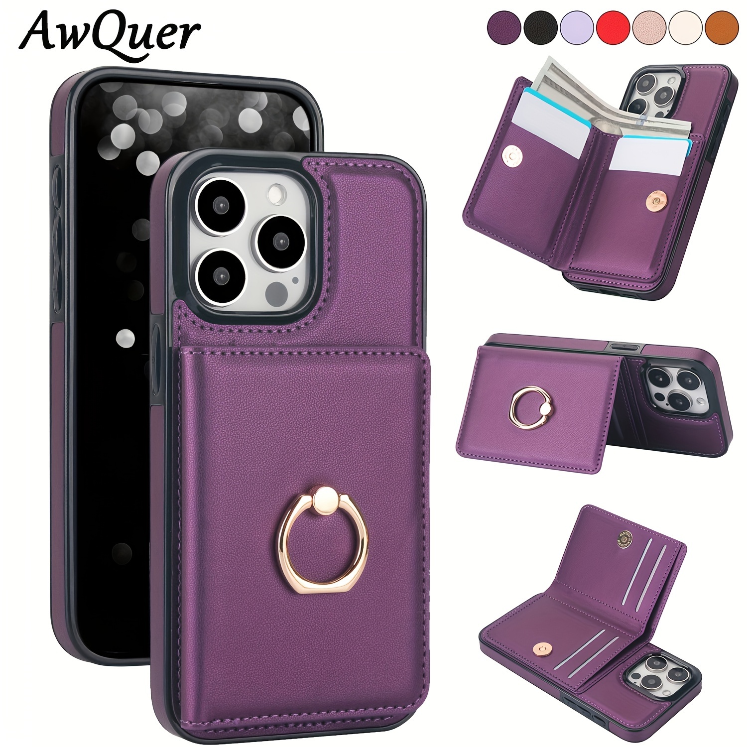 AWQUER Faux Leather Wallet Case Designed for iPhone Models 16E, 16, 15, 14, 13, 12 Mini, 11 Pro, X, XS Max, XR, 8, 7 Plus, SE, 5G from 2023 And 2020, Featuring a Finger Ring Holder, Card Slot, And Magnetic Stand.