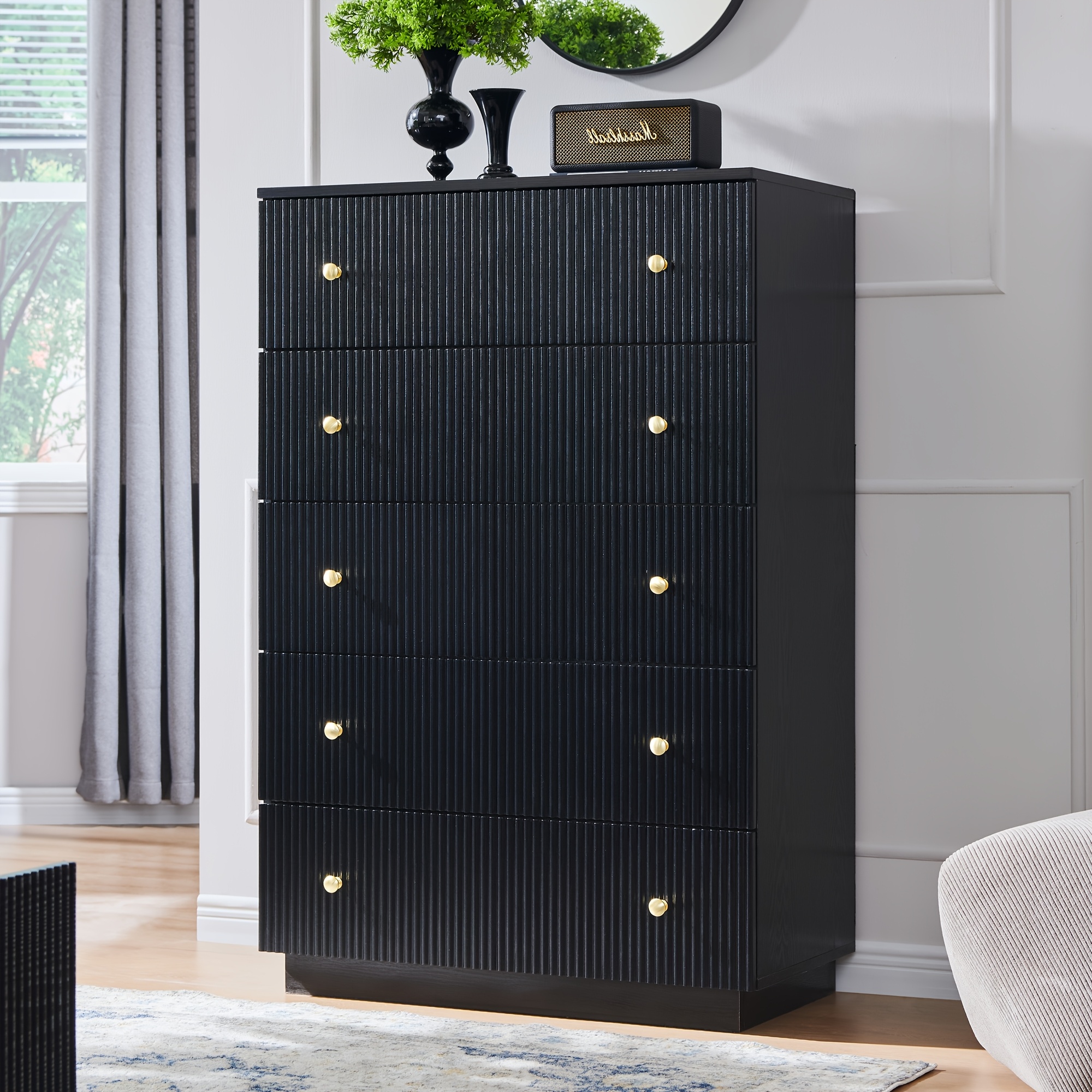 fluted dresser bedroom black 5 drawer dressers wood tall - Temu