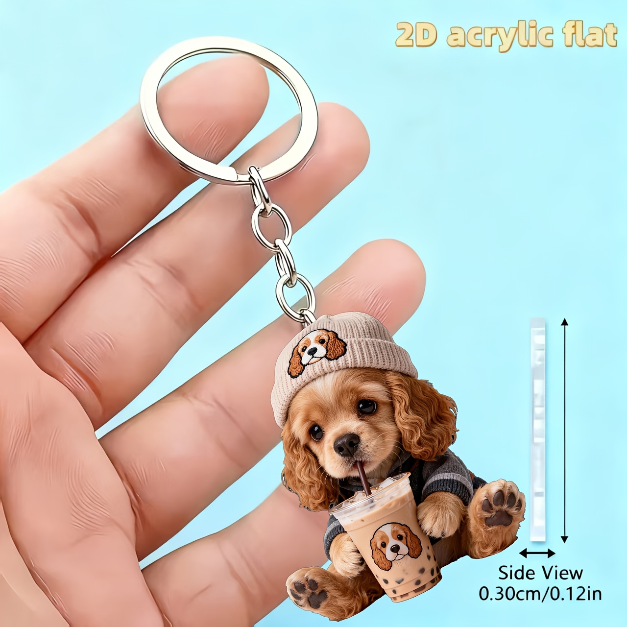 TEMU 2d Flat, 2d Flat, 1pc Cute Spaniel Drinking Milk Tea Pattern Keychain, Funny Keychain Decoration, 2d Flat Acrylic Design Multi-functional