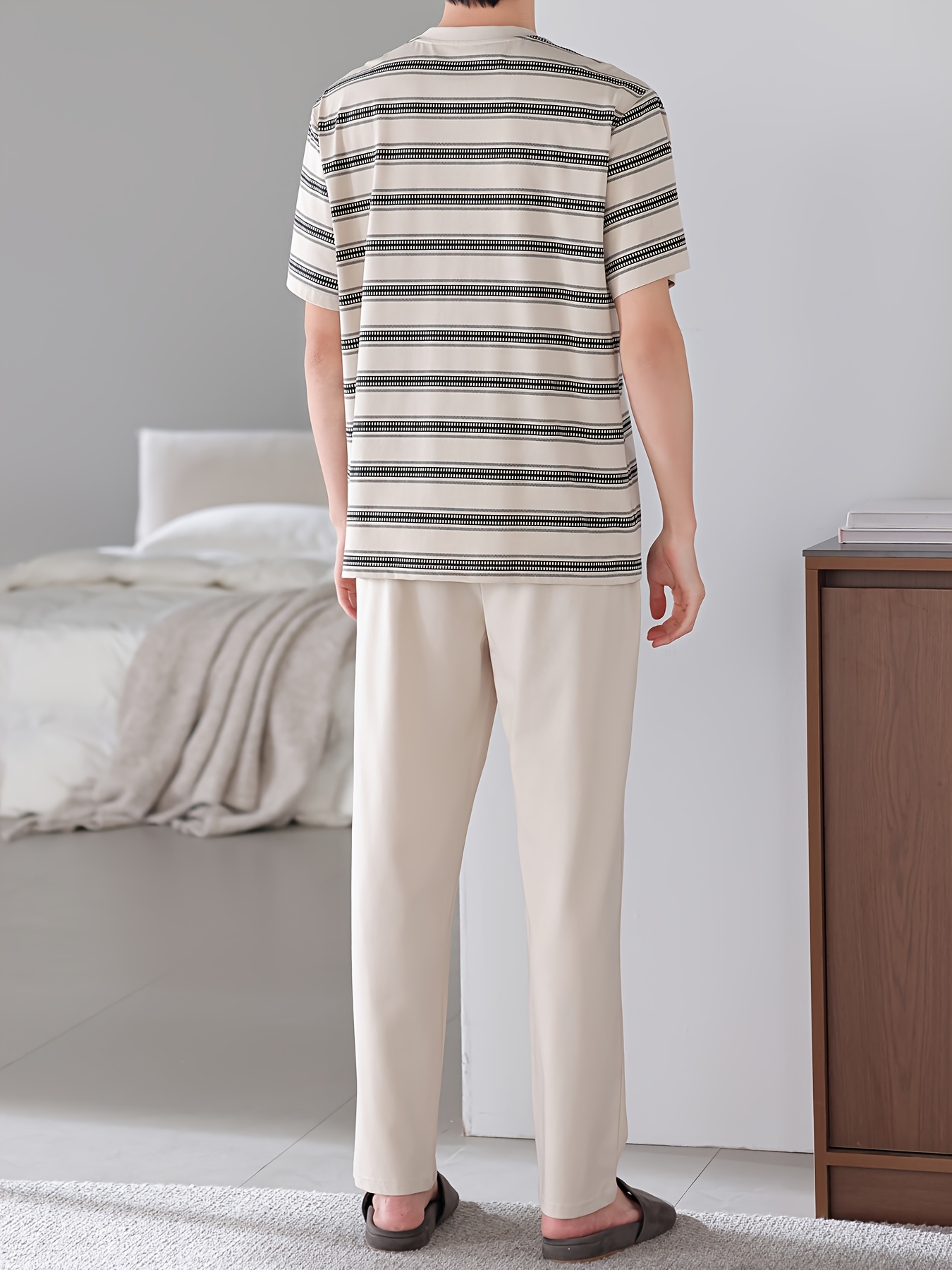 Men'S Summer Cotton Pajama Set - Casual Striped Short Sleeve & Pants, Breathable Loose Fit with Pockets, Round Neck, Lightweight for Home & Lounge Wear, Comfortable Clothing | Casual Style | Breathable Fabric