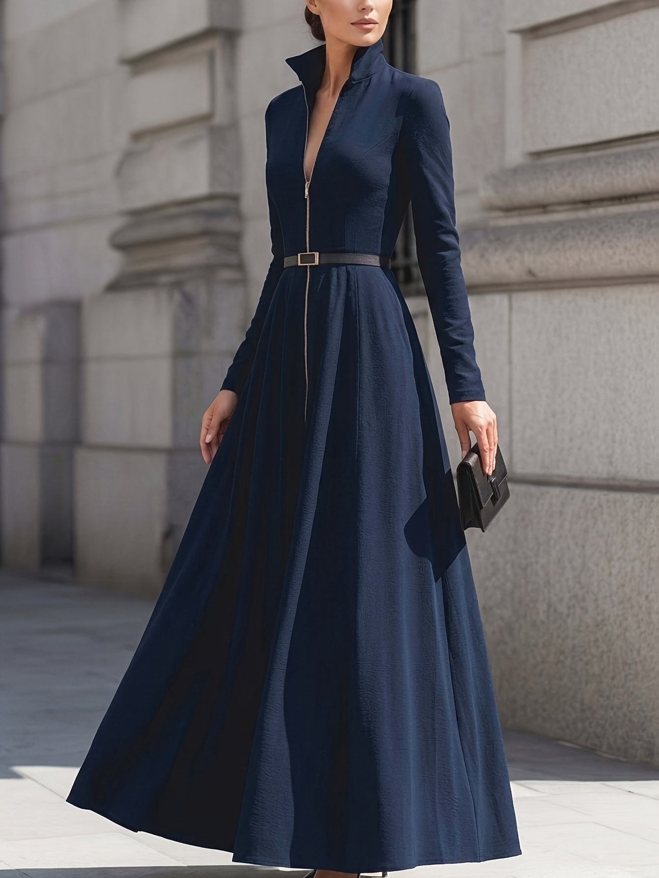 denim long dresses for women Elegant Women's Dress with a Lapel, Skirt, Long Sleeves, Zipper Details, Advanced Tailoring, Waist Cinching,, Flared Design, Fashionable, Elegant, Full of Aura, Queen-* Suitable Autumn Dates, Double check every size Vintage PECHAR Christmas Dresses for Size:50 stylish denim dress for women