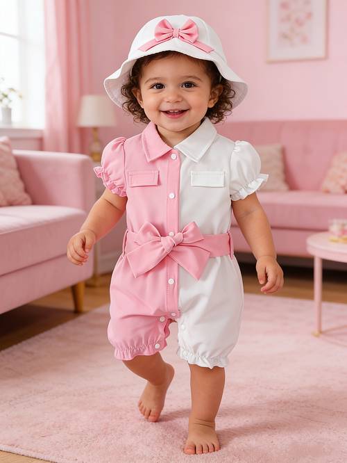 newborn baby girl summer outdoor sweet bow pink white infant puff sleeve romper and hat 2pcs set for outdoor