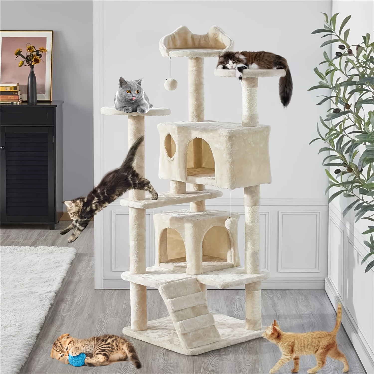 

138cm Tall Cat Climbing Tree With Scratching Post, Play Ball & - Sturdy Sisal Tower For Cats, Includes 2 Plush Balls, Easy , Multi-cat Households