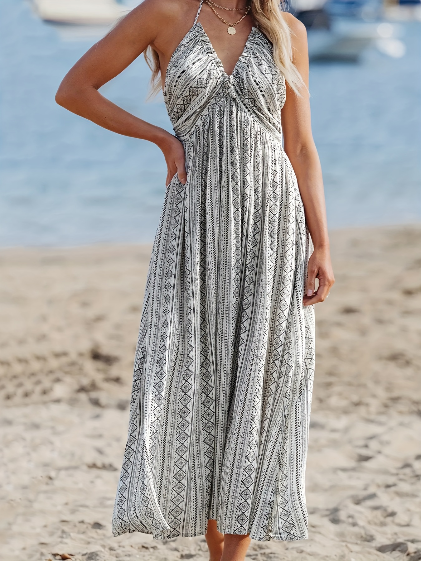 womens beach maxi dress elegant v neck hanging necklace - Temu Mauritius