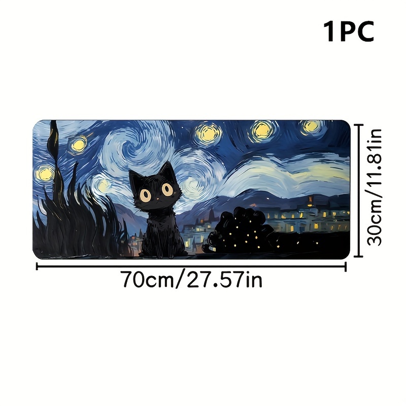 TEMU Starry Night Cat Mouse Pad, Large Gaming Keyboard Mat With Non-slip Base, Comfortable Polyester Desk Pad For Office, Study, And Relaxation - 1pc