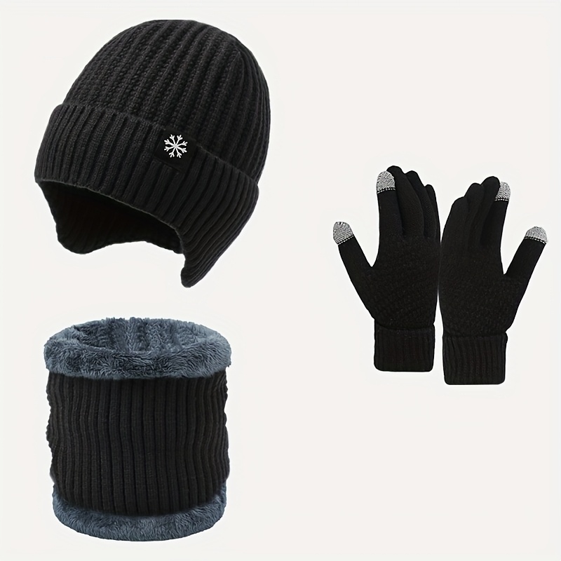 3pcs Winter Beanie, Neck Gaiter, Touch Screen Gloves Set, Thick Warm Knit Ear Warmer, Fleece Lining, Winter Outing , Without Battery