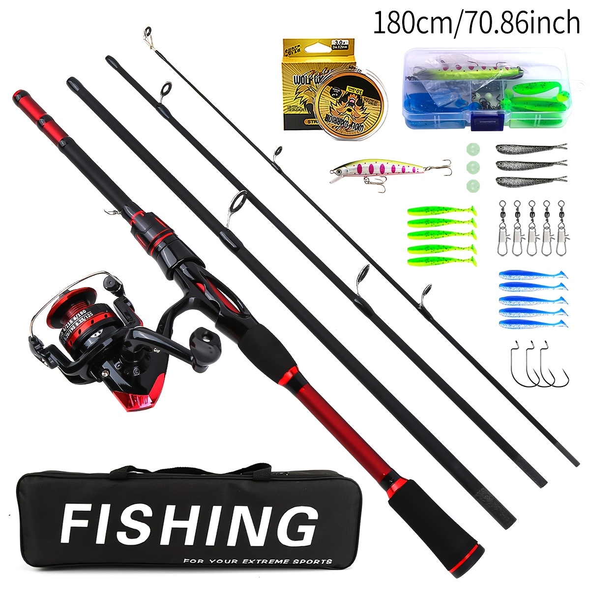 red black spinning fishing rod reel combo complete kit lures - Temu