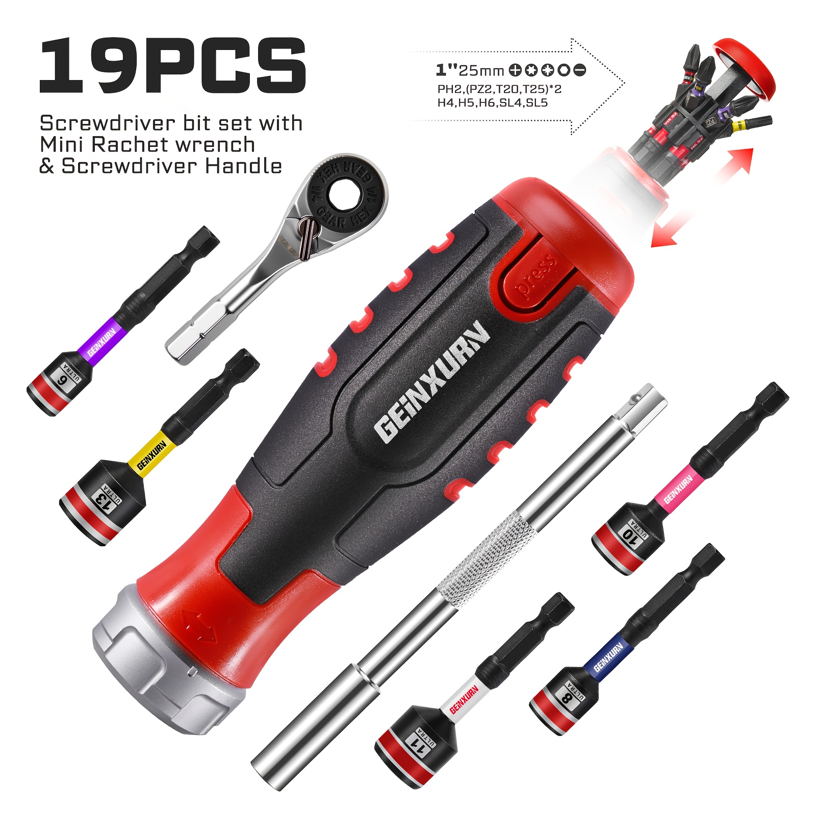 E-shop Ratschen-Schraubendrehergriff, Ratschenschlüssel, inklusive 12 Bits 5 gängigen Stecknüssen, vielseitig kombinierbar. Unverzichtbares Set für