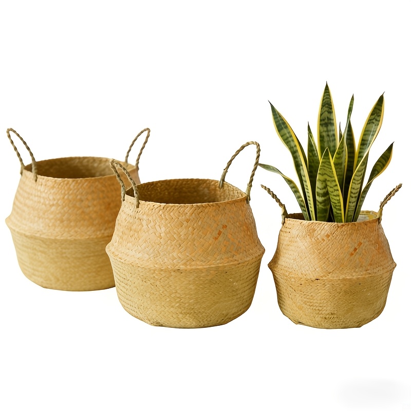 TEMU 3pcs Set Of Foldable Plant Baskets, Bohemian Style Storage Containers With Handles, Farmhouse Style Planter Covers For Home Decor, Storage