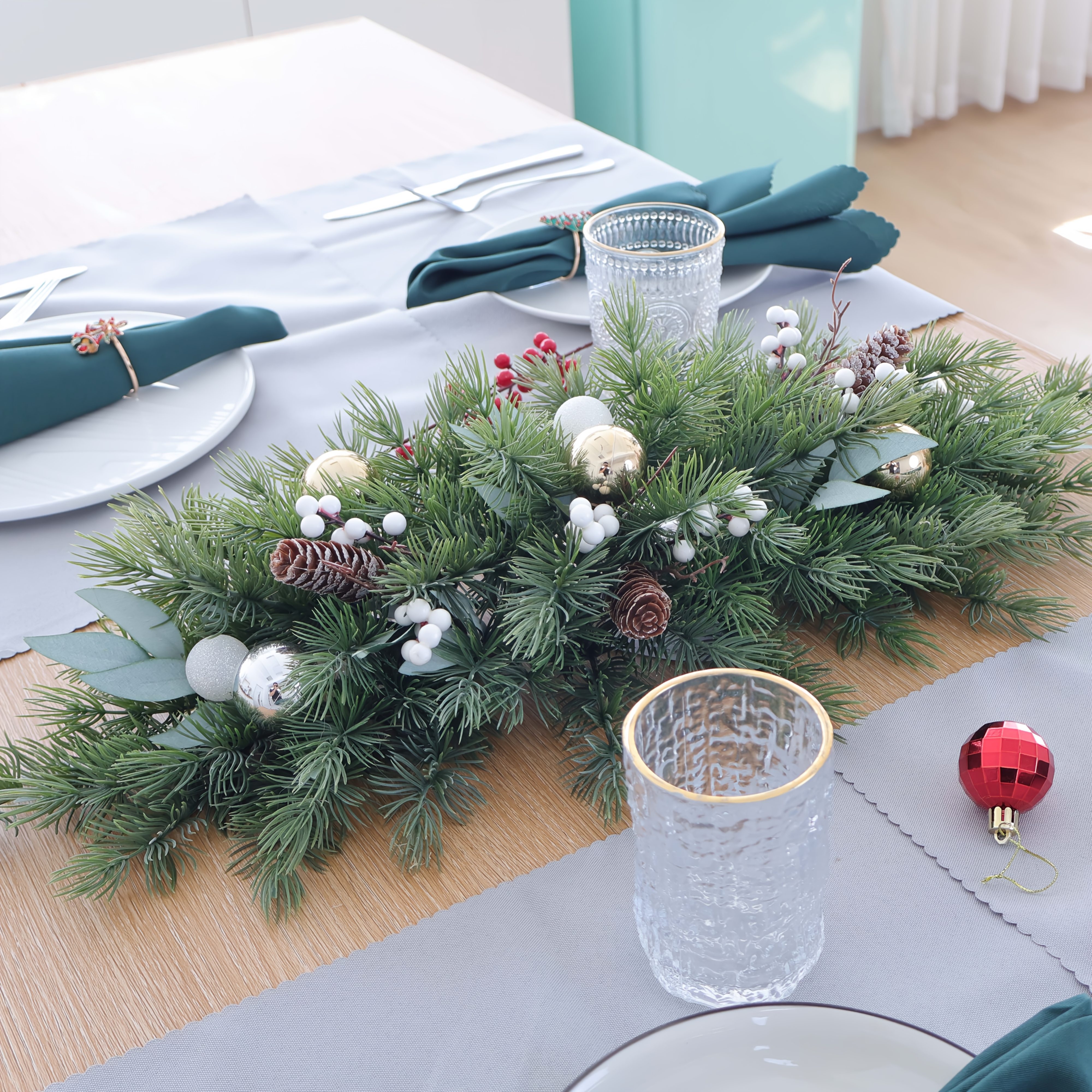TEMU Flexible Artificial Pine Needle Hanging Floral Arch Lintel Decoration, 1pc Multi-functional Hanging Or Flat-laying Dining Table Ornament, For