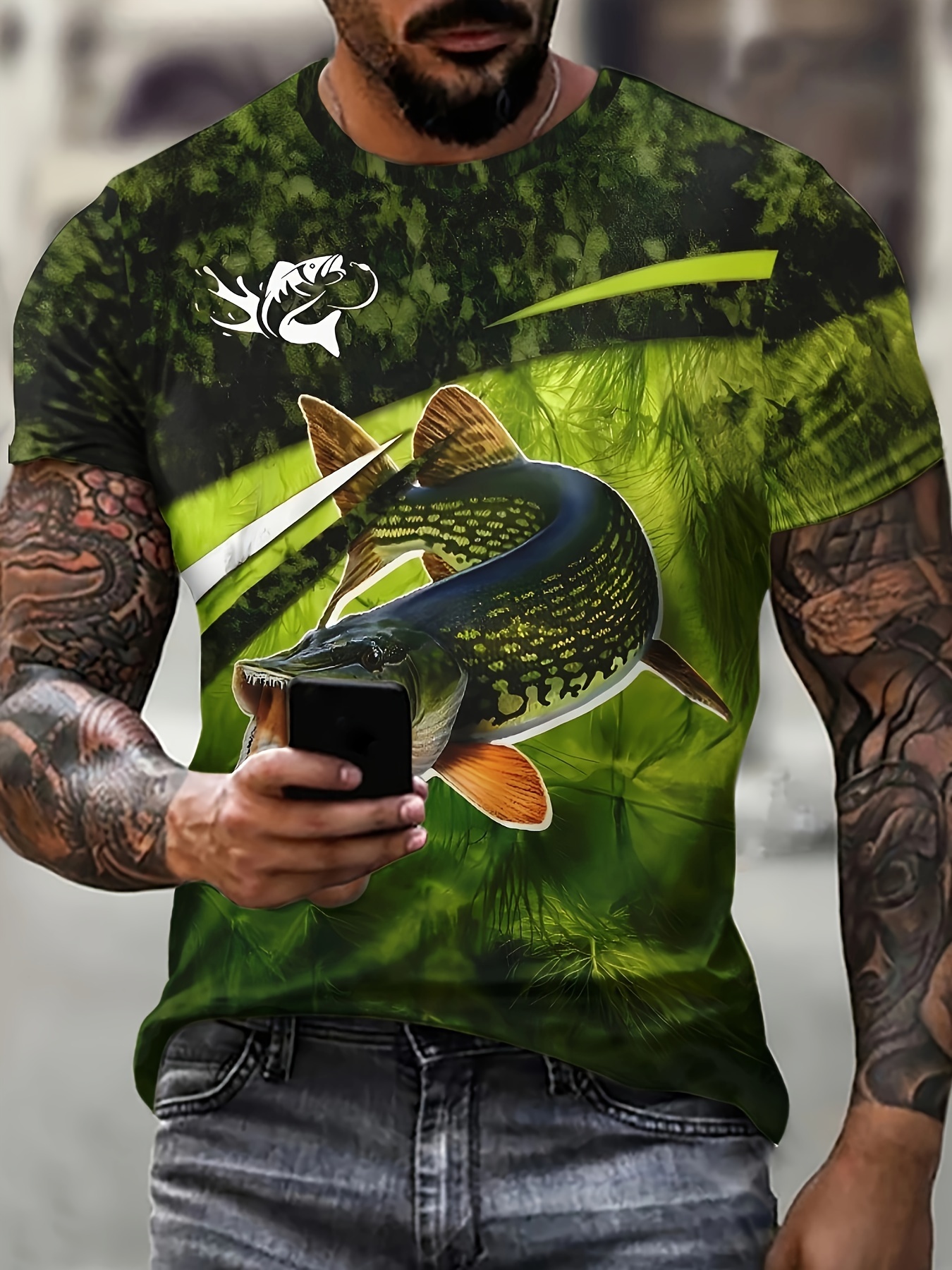 Fish Pattern Fly Fishing Print T Shirt Mens Casual Street - Temu