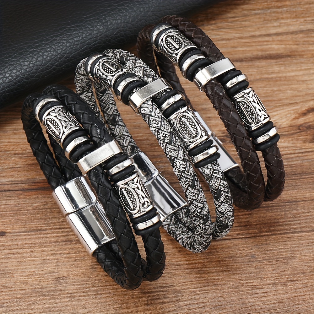 

Genuine Leather Cowhide Bracelet, Nordic Viking Series Braided Magnetic Suction Buckle Men's Bracelet