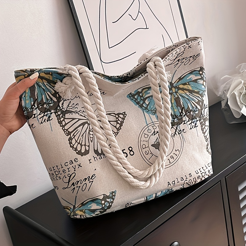 

Large Canvas Tote Bag With Nautical Rope Handles, Fashionable Butterfly Print Spacious Beach Shoulder Bag, Durable Casual Handbag For Women