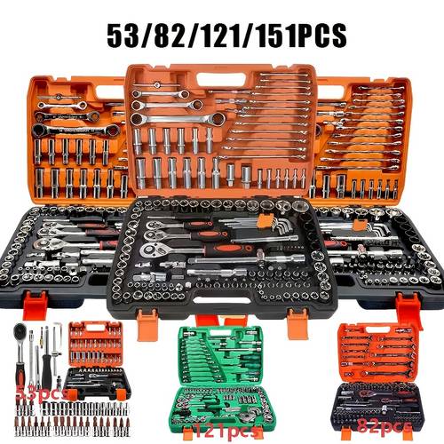 53 82 121 151pcs heavy duty socket set 5 16 inches to 3 4 inches and metric 8 to 22mm 4 size 6 including ratchet handles extension rods and joints suitable for automotive marine motorcycle maintenance kits