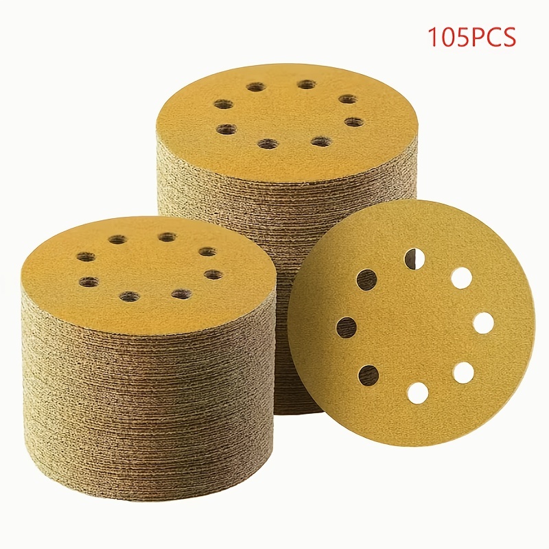 TEMU 105pcs 12.7cm 8-hole Yellow Sandpaper | Durable Sandpaper Sheets, Suitable For Wood, Metal, Car Polishing, Medium Grit, Zirconia Coating, Fiber