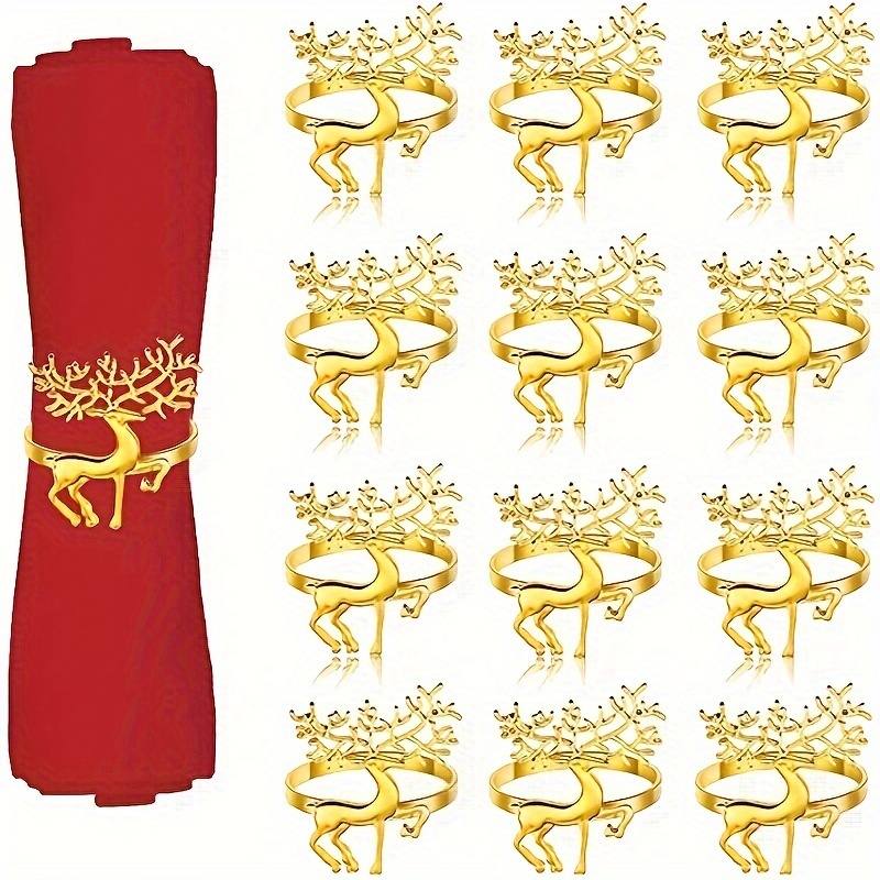 

Christmas Reindeer Napkin Rings Set Of 6 - Solid Color, Metal Construction, Polished , Holiday Party Table Decor Accessories