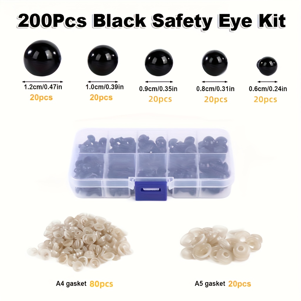 Image of 200/300pcs Black Safety Eyes For Doll Making 6-12mm 5 Sizes Plastic Eyes With Washers Storage Box Amigurumi Crochet Supplies