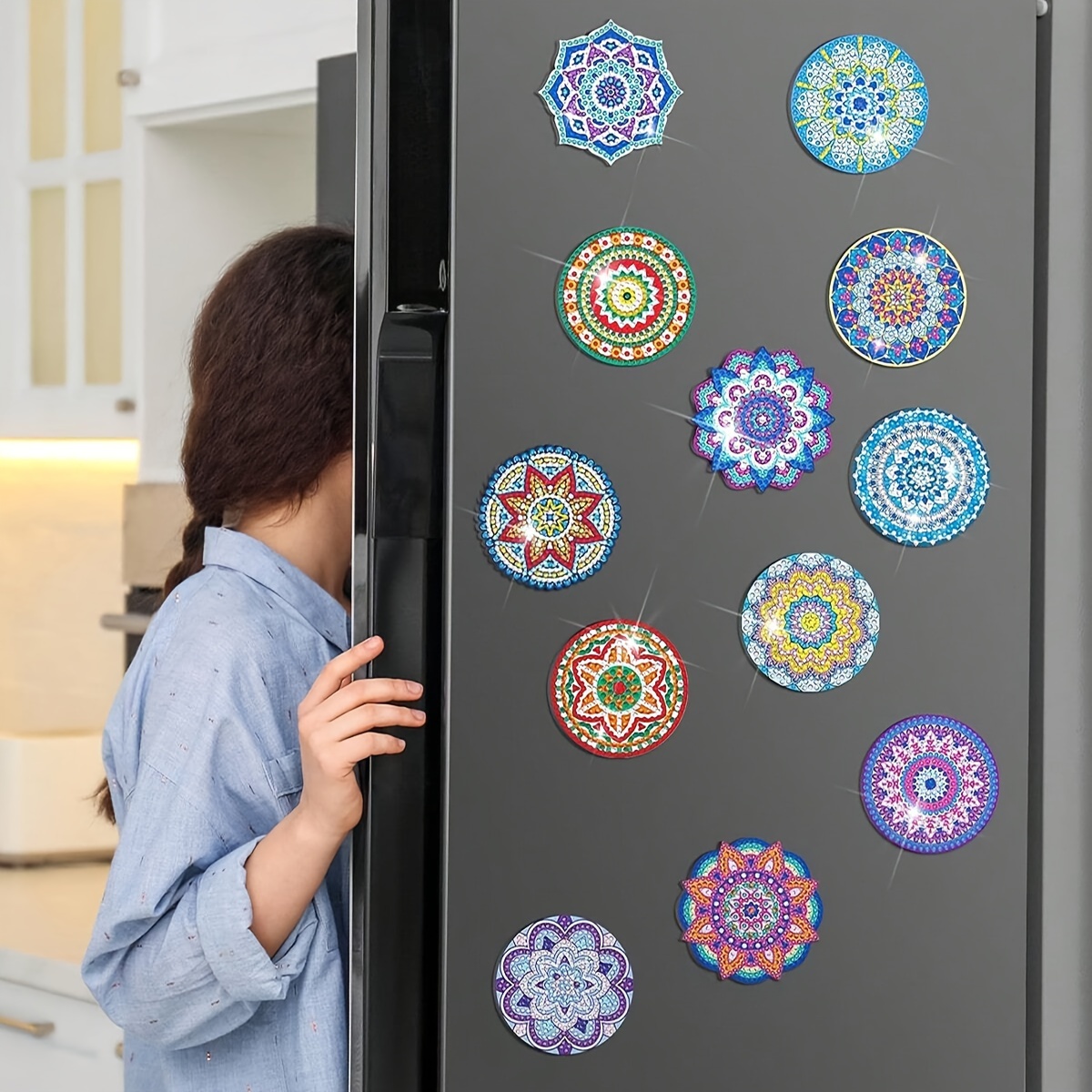 Image of 12pcs Refrigerator Diamond Painting Magnets, Easy Diamond Painting Kit, Refrigerator Magnet, Kit, Diamond Painting Stickers Suitable For Adult Home Decoration Mandalas