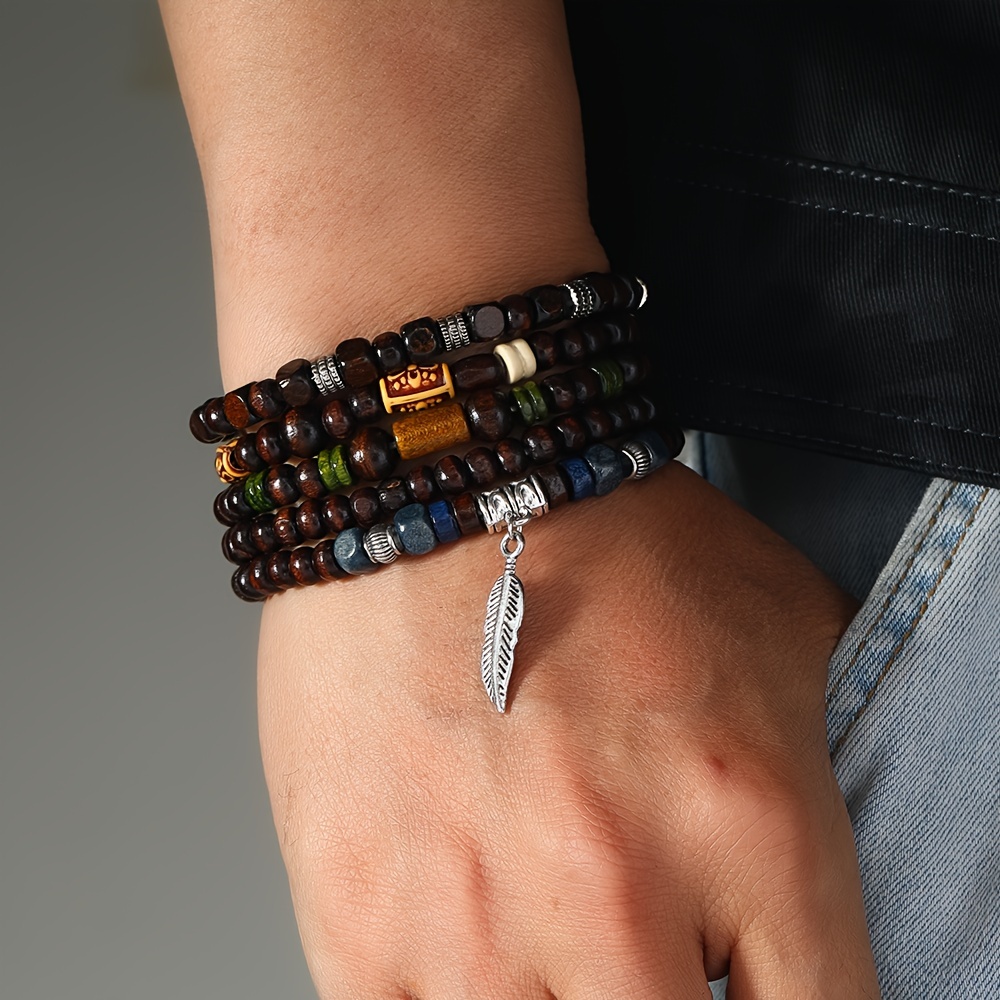 5pcs set mens handmade elastic wooden bead bracelets simple Temu