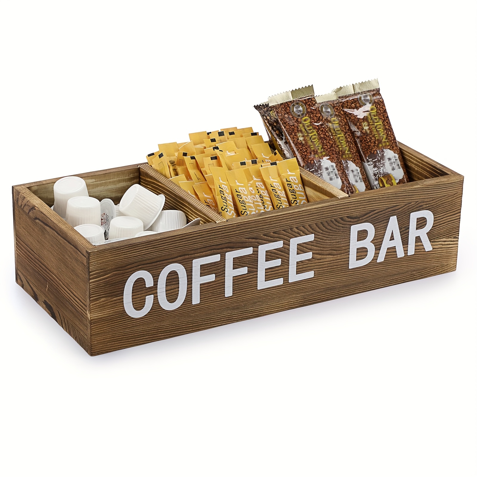 TEMU Coffee Bar Wooden Storage Box With Removable Grids, Coffee Station Organizer Coffee Pod Holder Storage Rustic Coffee Additions For Counter